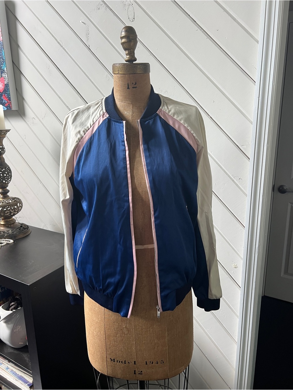 Zara Navy, Cream & Pink Varsity Bomber Jacket Size Small